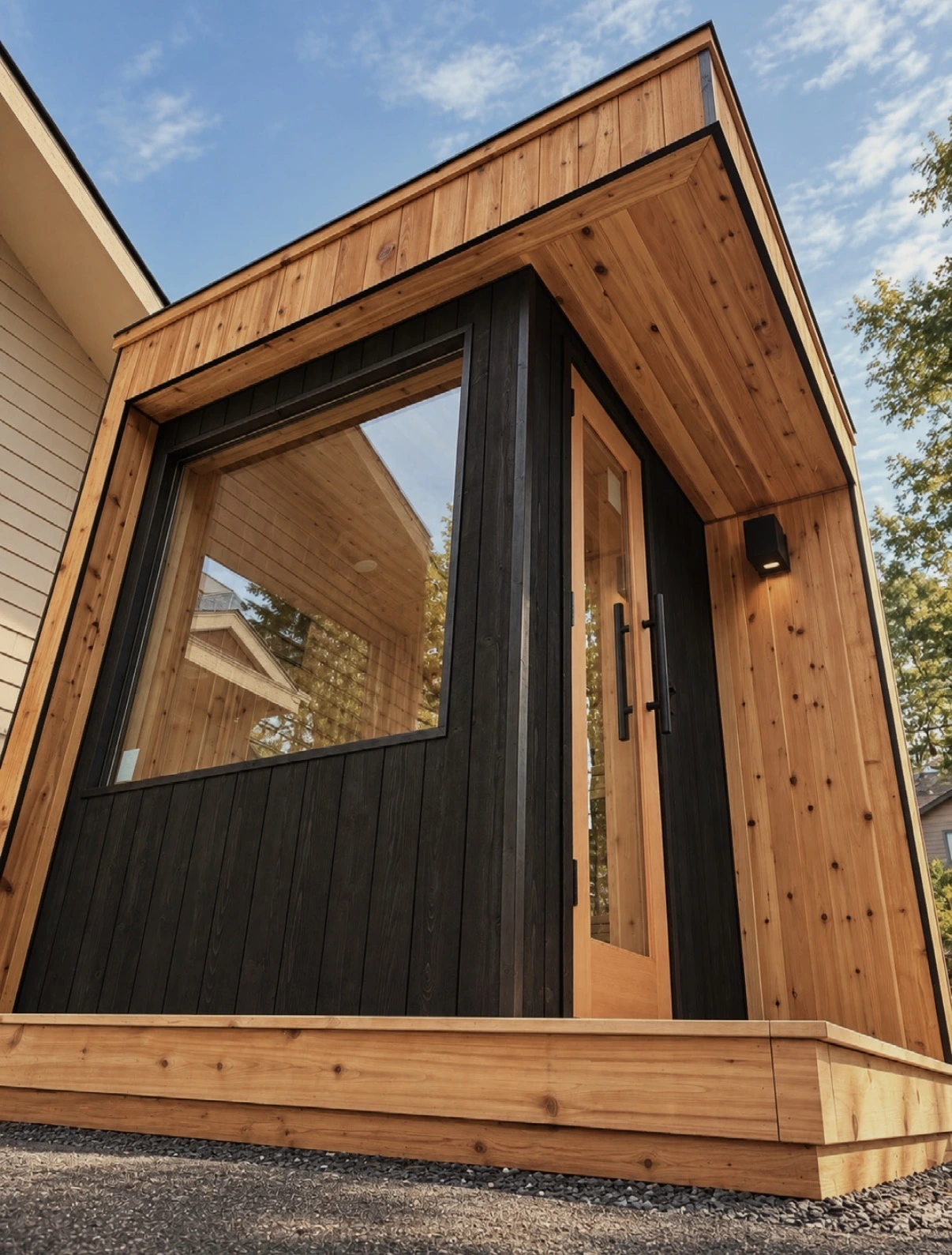Badrock exterior with dark siding, wood overhang, and large windows