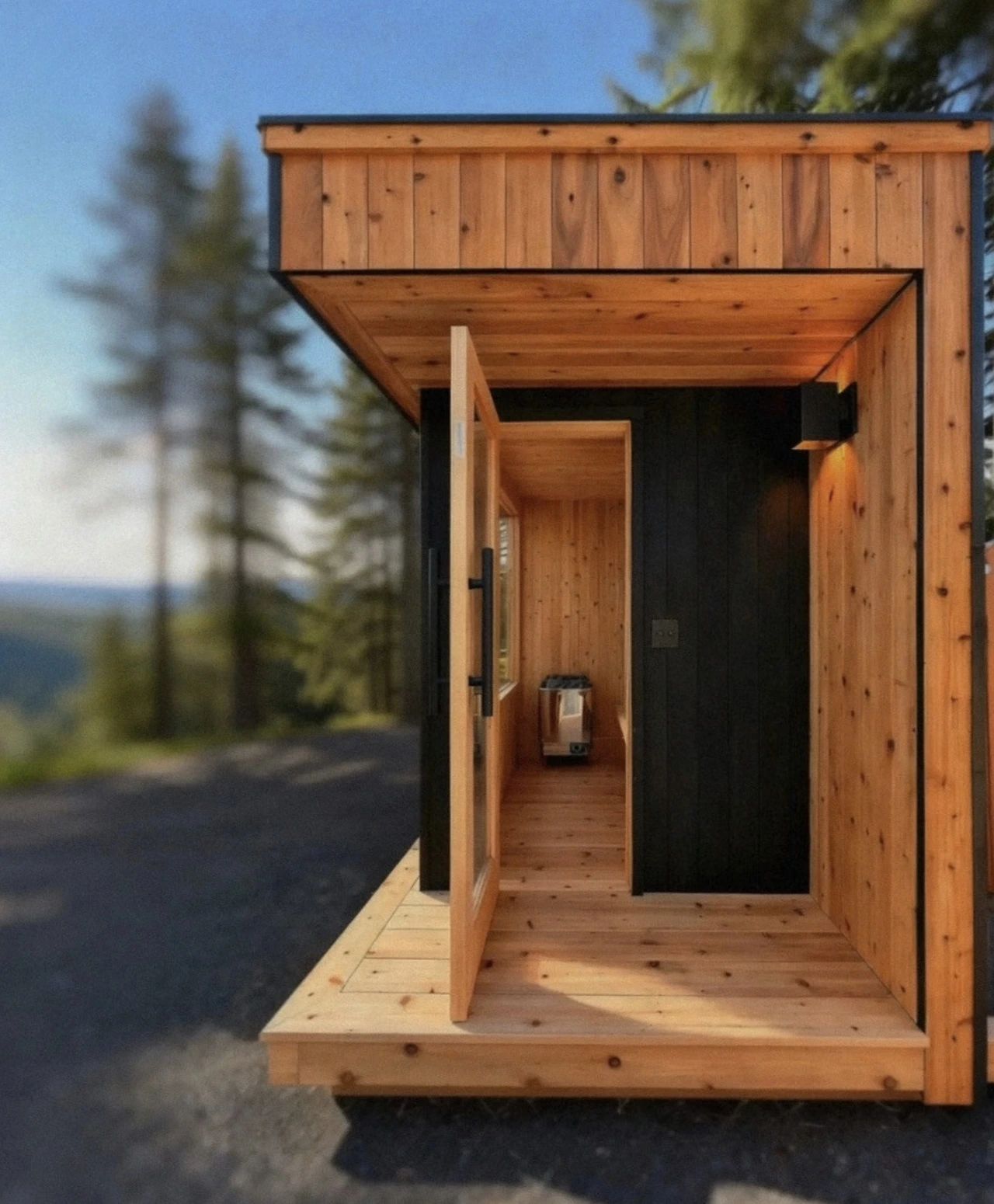 Wood-clad sauna with a covered entry
