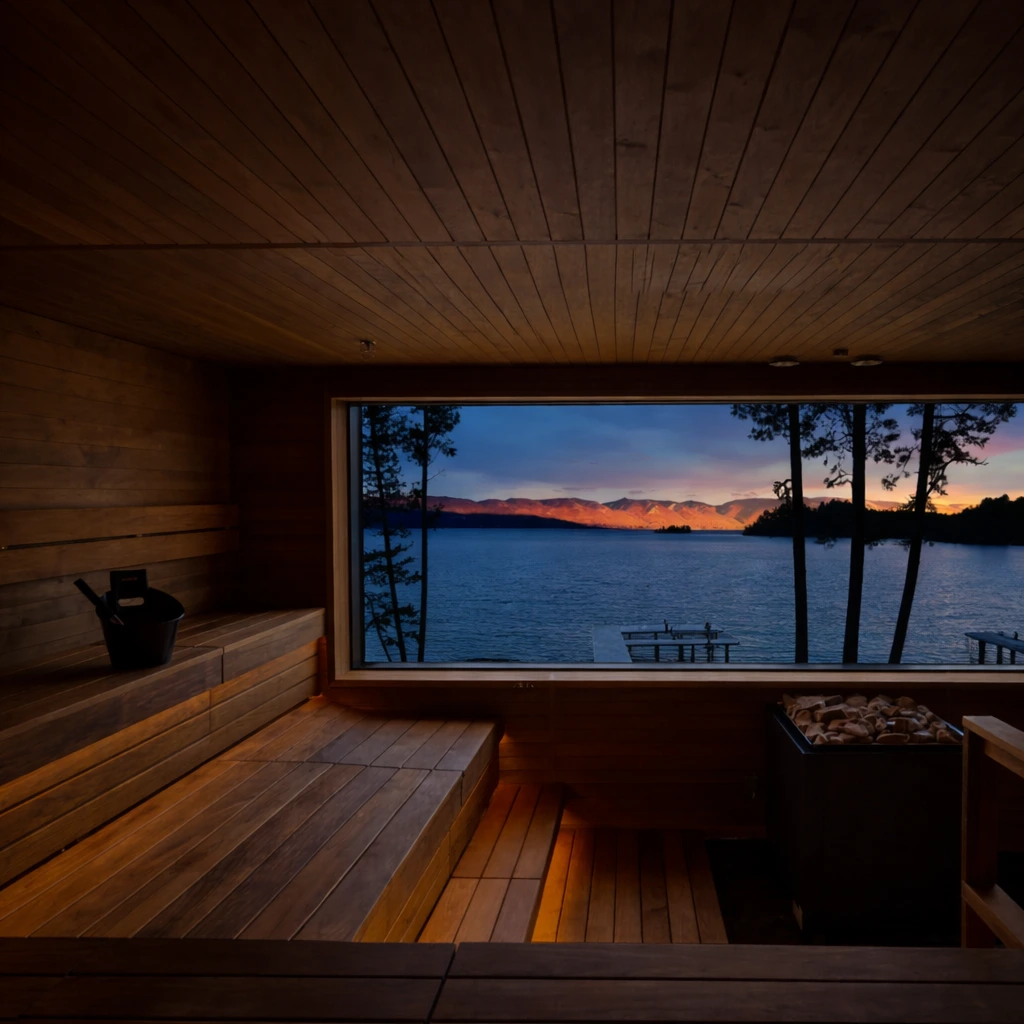 Sauna interior with panoramic glass
